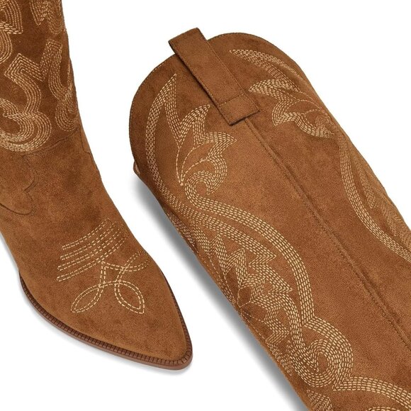 Women's Embroidered Brown Chunky Knee High Heel Western Tall Boots - Picture 3 of 6